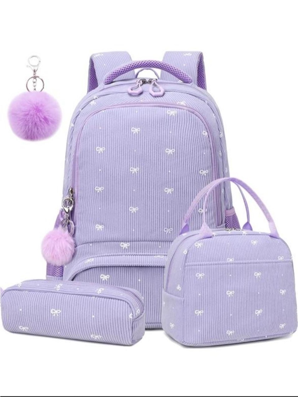 Kids Purple Bow Print Backpack Set with Lunch Bag & Pencil Case